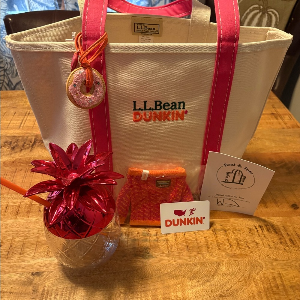 L.L. Bean Cream Canvas Tote with Pink Straps and Orange Logo